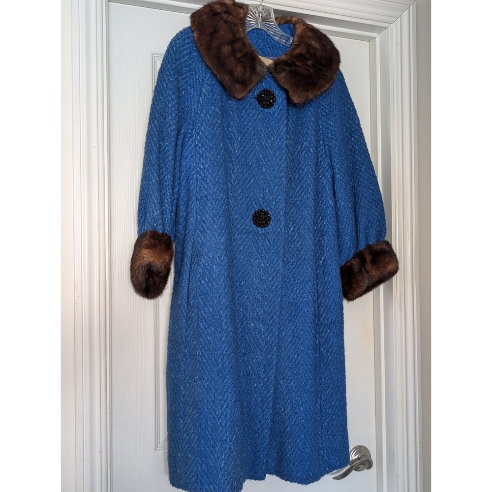 Women's Vintage Genuine Fur Brown Lined Long Coat Blue Tweed Jacket